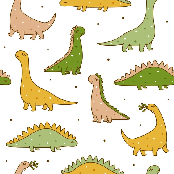 かわいい恐竜とシームレスなパターン 子供のテキスタイルやラッピングデザインのための漫画の背景 — ストックベクタ