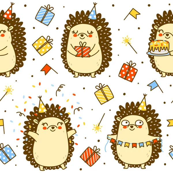 Seamless Pattern Cute Hedgehog Isolated White Cartoon Background Happy Birrthday — Διανυσματικό Αρχείο