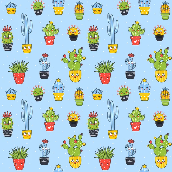 Naadloos Patroon Met Schattige Cactus Planten Blauwe Achtergrond Cartoon Achtergrond — Stockvector