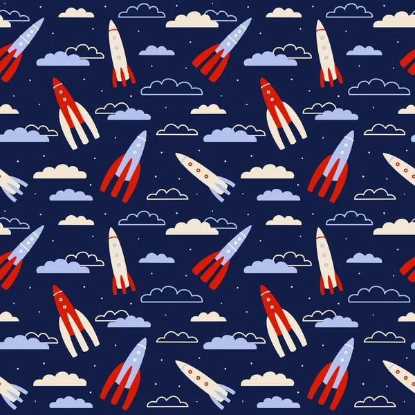 Seamless pattern with rockets and clouds for Your space design
