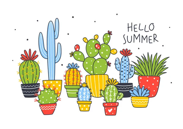 Horizontal Border Cute Cactus Plants Isolated White Cartoon Objects Happy — Stock Vector