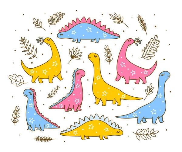 Állítsa Aranyos Dinoszauruszok Rajzfilmfigurák Boldog Gyermekek Design — Stock Vector