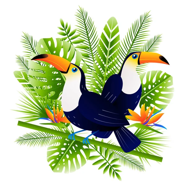 Pássaros Tucanos Brilhantes Com Folhas Flores Tropicais Para Seu Design — Vetor de Stock