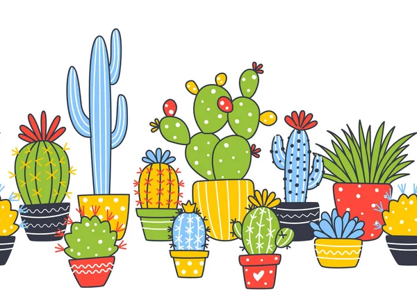 Horizontal Seamless Border Cute Cactus Plants Isolated White Cartoon Objects — Stock Vector