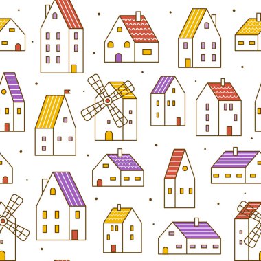 Şirin evler ve yel değirmenleriyle kusursuz desenler - tekstil ve duvar kâğıdı ve ambalaj tasarımı için karikatür kasaba arka planı