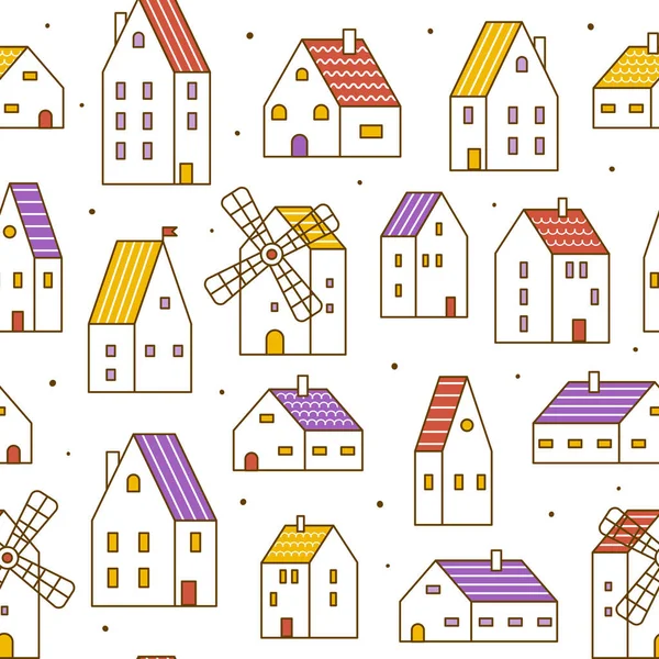 Seamless pattern with cute houses and windmills - cartoon town background for textile and wallpaper and wrapping design