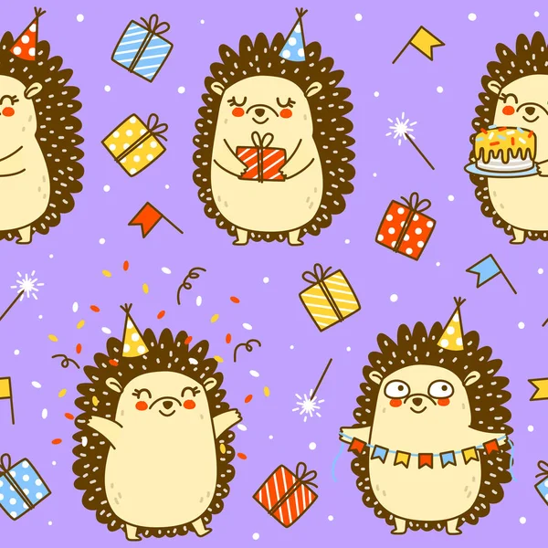 Seamless Pattern Cute Hedgehog Cartoon Background Happy Birrthday Wrapping Design — Διανυσματικό Αρχείο