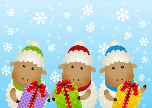 Веселі вівці з подарунковими коробками — стоковий вектор