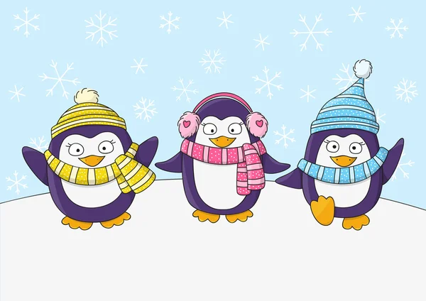 Pinguins bonitos na neve — Vetor de Stock