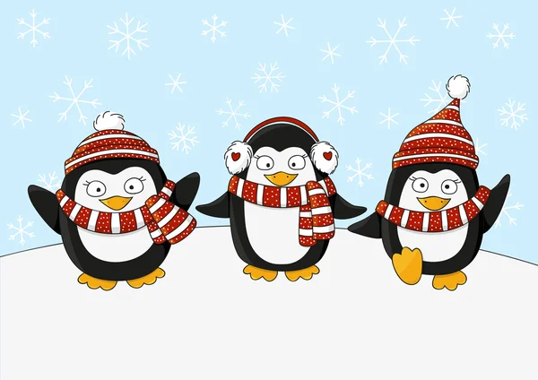 Schattig pinguïns op winter achtergrond — Stockvector