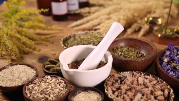 Medical herbs and scales — Stock Video
