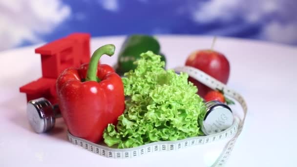 Fresh fruits and vegetables, Fitness concept — Stock Video