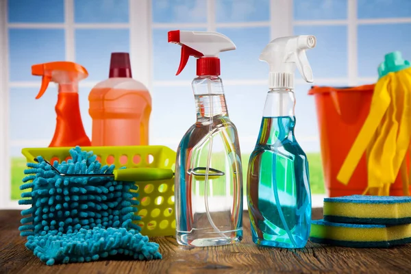 Set of cleaning products, equipment background