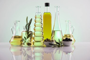 Zeytin yağı şişeleri, zeytin dalı ve pişirme yağları.