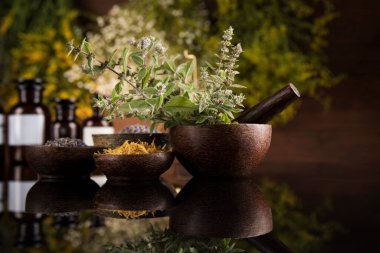 Siyah ayna arka planı, doğal tedavi, şifalı bitkiler.