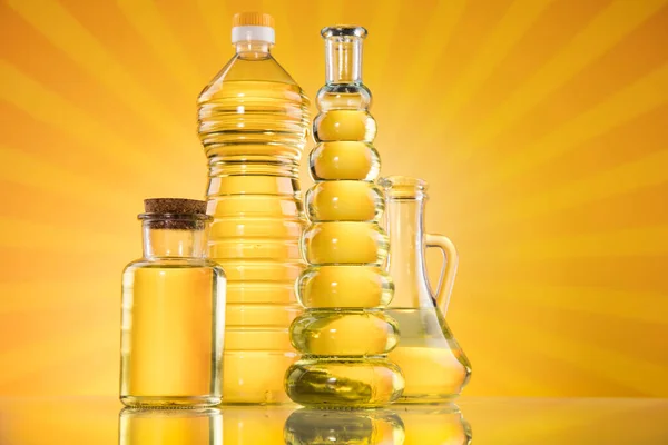 Bottles Olive Oil Olive Branch Cooking Oils — Stock Photo, Image