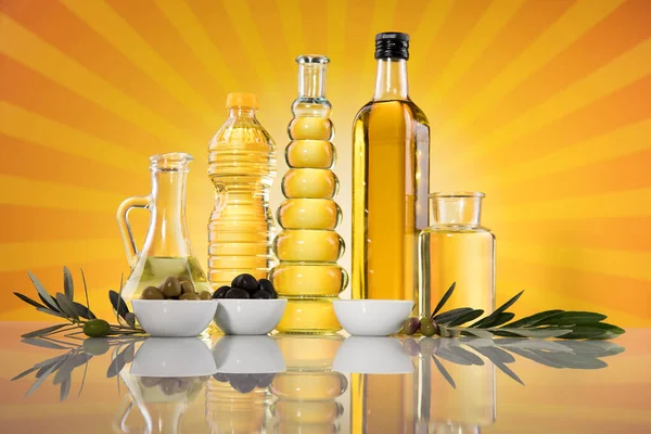 Bottles Organic Cooking Olive Oil Olive Branch — Stock Photo, Image