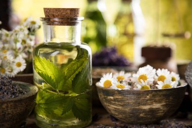 Çeşitli doğal ilaçlar, bitkiler ve havan topları.