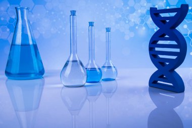 DNA, cam eşyalar, laboratuvar şişeleri, bilim deneyi.