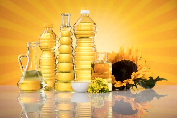 Koch Und Speiseölprodukte Natives Olivenöl Extra Sonnenblumenkerne — Stockfoto