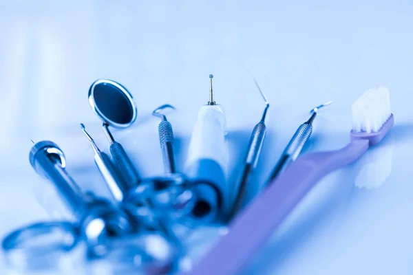 Set Metal Medical Equipment Tools Teeth Dental — Stock Photo, Image