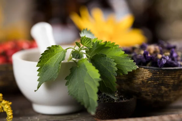 Verse Geneeskrachtige Kruiden Houten Ondergrond — Stockfoto