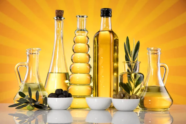 Bottles Organic Cooking Olive Oil Olive Branch — Stock Photo, Image
