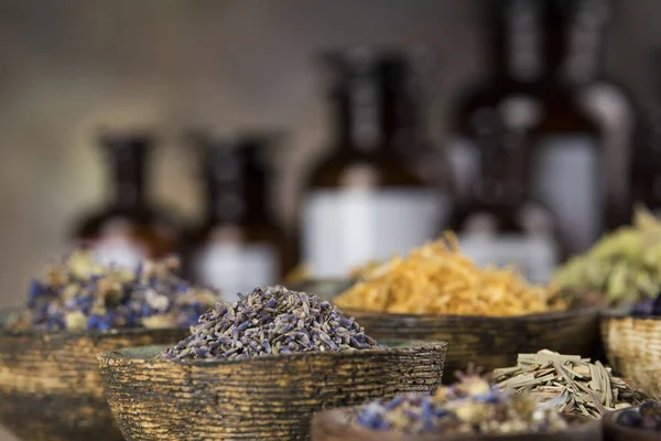 Natuurlijke Geneeskunde Houten Tafel Achtergrond — Stockfoto