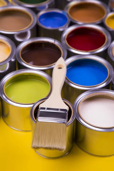 Metal Tin Cans Color Paint Paintbrush — Stock Photo, Image