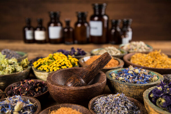 Natural remedy, healing herbs background