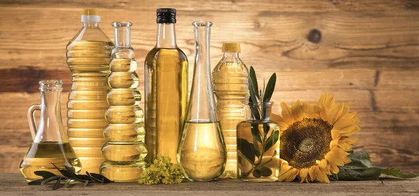 Cooking Food Oil Products Extra Virgin Olive Sunflower Seed Rapeseed — Stock Photo, Image