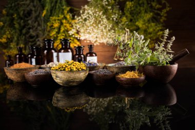 Alternatif sağlık, taze bitkisel ve harç siyah ayna arka planında