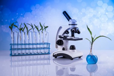 Mikroskop, kimyasal laboratuvar cam eşyalar, genetik olarak modifiye edilmiş bitki.
