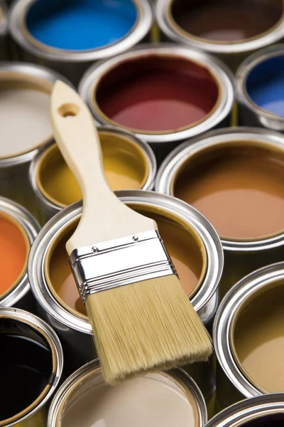 Metal Tin Cans Color Paint Paintbrush — Stock Photo, Image