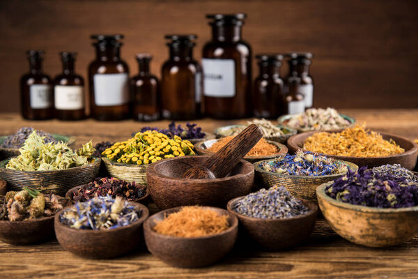 Natural remedy, healing herbs background