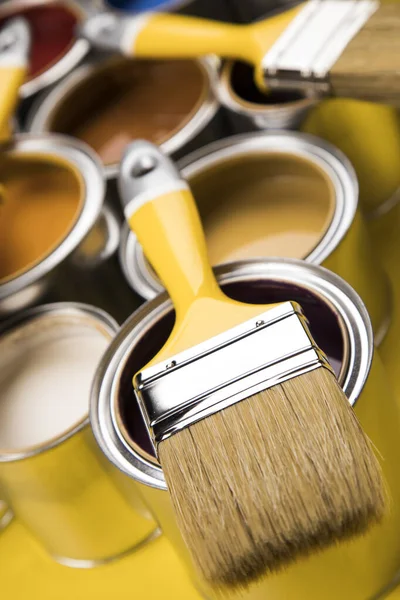 Metal Tin Cans Color Paint Paintbrush — Stock Photo, Image