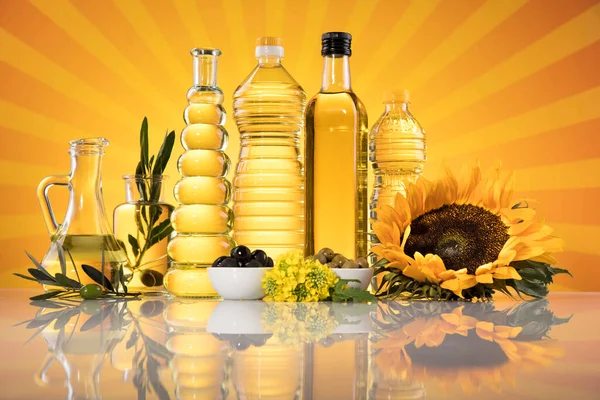 Olio Girasole Oli Cucina Sfondo Bottiglie — Foto Stock