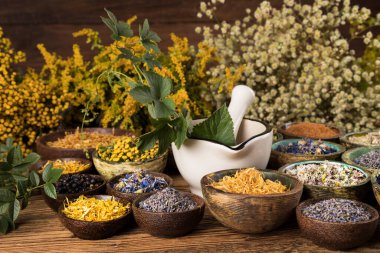 Çeşitli doğal ilaçlar, bitkiler ve havan topları.