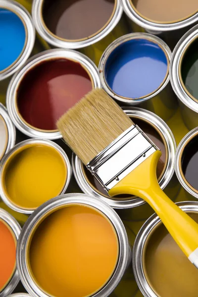 Metal Tin Cans Color Paint Paintbrush — Stock Photo, Image