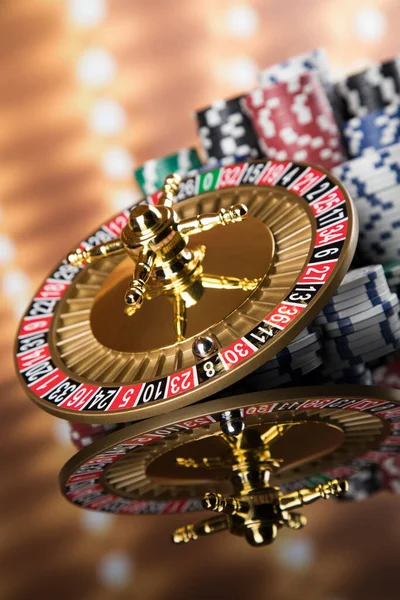 Poker Chips Gaming Table Roulette Wheel Motion Casino Background — Stock Photo, Image