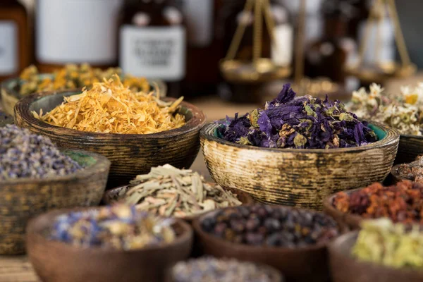 Homeopathy Herbal Medicine Wooden Table — Stock Photo, Image