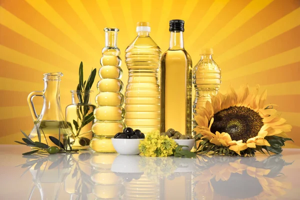 Cooking Food Oil Products Extra Virgin Olive Sunflower Seed Rapeseed — Stock Photo, Image
