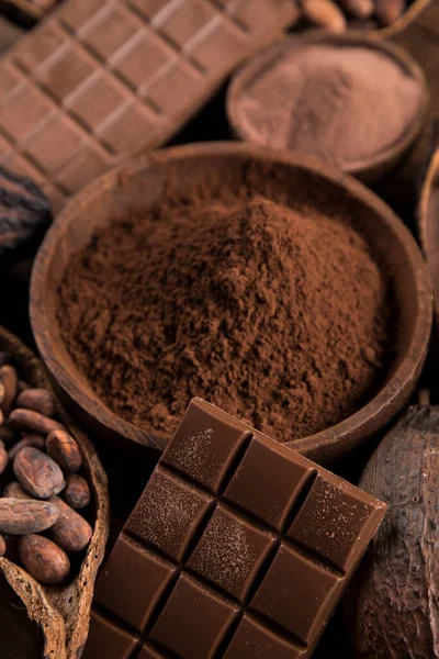 Barra Chocolate Dulces Dulces Granos Cacao Polvo —  Fotos de Stock