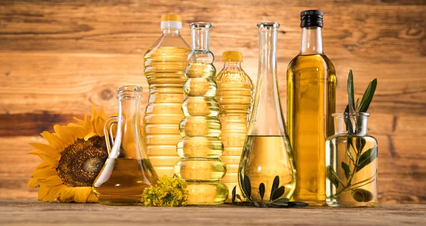 Cooking Food Oil Products Extra Virgin Olive Sunflower Seed Rapeseed — Stock Photo, Image