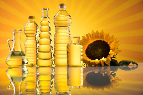 Sunflower Oil Olive Oil Sunburst Orange Background — Stock Photo, Image