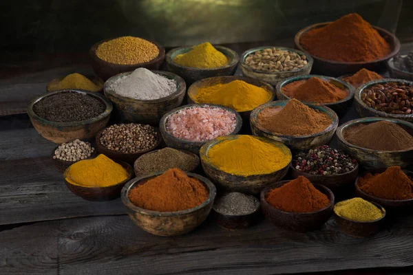 Wooden Table Colorful Spices — Stock Photo, Image