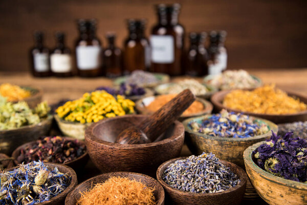 Natural remedy, healing herbs background