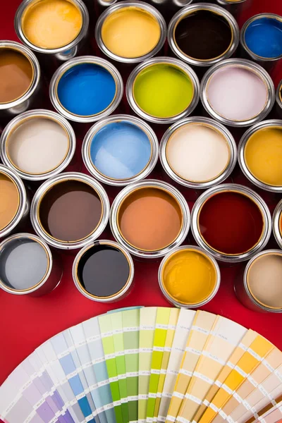 Tin Cans Paint Brushes Bright Palette Colors — Stock Photo, Image