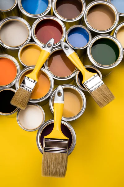 Tin Cans Paint Brushes Bright Palette Colors — Stock Photo, Image