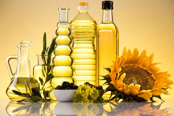 Cooking Food Oil Products Extra Virgin Olive Sunflower Seed Rapeseed — Stock Photo, Image